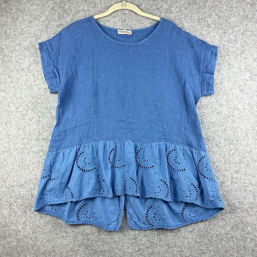 Terzo Millennio Linen Ruffle Eyelet Top Blouse Womens Medium Blue Mixed Media